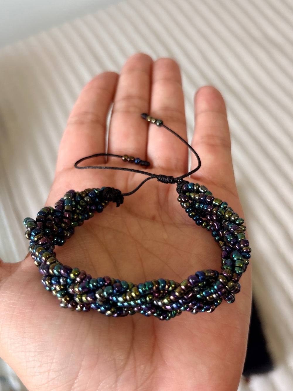 Handwoven Iridescent Metallic Bead Braided Bracelet Adjustable Cuff Black Cord